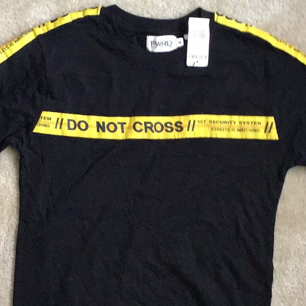 FWRD Black Tee with Yellow 'Do Not Cross' Graphic